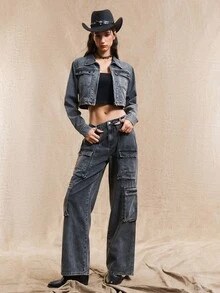 Easelle 女式宽松工装口袋阔腿休闲牛仔裤 - 黑色 - 查看 1