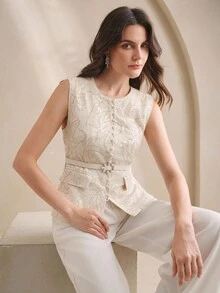 Anewsta Elegante e Fashionable Colete Slim Fit de Luxo com Bordado de Lantejoulas, Cor Damasco, Adequado para Primavera e Outono