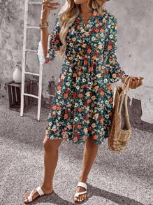 EMERY ROSE Casual Ditsy Floral Mini Dress For Women, Suitable For Summer, Multi-Layer Ruffle Skirt, Puff Sleeve, Retro Ditsy Ditsy Floral,Casual Dresses For Women Chic Dress - Multicolor - View 5