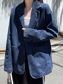 FRIFUL 女式休闲百搭宽松牛仔夹克，带双口袋 - 藍色 - 查看 5