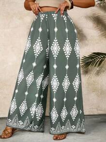 SHEIN VCAY Grüne bedruckte Weite Hose mit Taschen in Große Größen, Boho-Stil Urlaubshose für Frauen, Weite Sommerhose, Bedruckte Weite Hose, Weite Baggy Hose, Weite Hose für Frauen, Strandmode Frauen, Ibiza - Grün - Übersicht 3