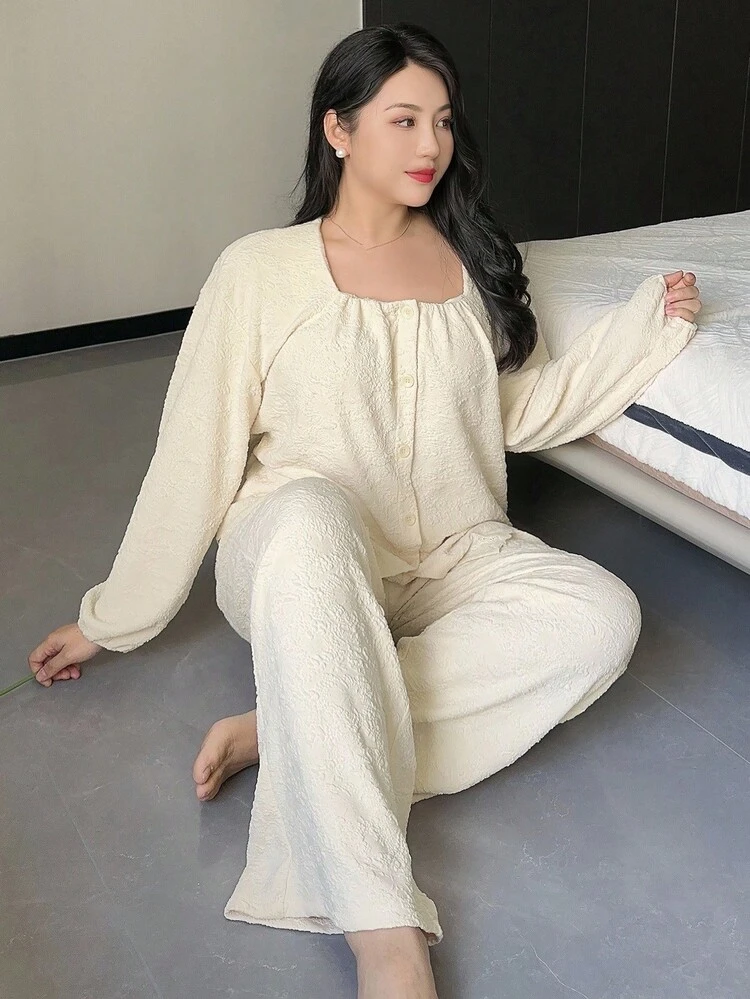 Dazy Plus 2pcs Plus Size Women Textured Fabric Square Collar Loose Long Sleeve Contrast Lace Top And Pants Pajama Set, Fall Clothes