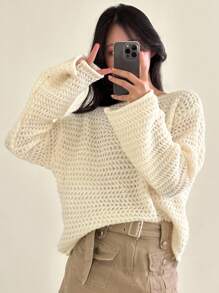 DAZY Hollow Out One-Shoulder Loose Knit Sweater Women, Cropped Flare Sleeve Pullover Fall - Apricot - View 2