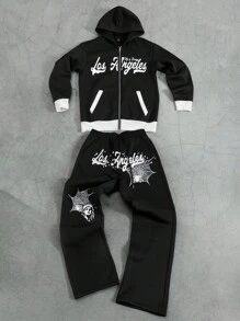 Manfinity Roghcode Manfinity Streetrush Men's Letter Print Contrast Color Zipper Hoodie And Sweatpants Casual Tracksuit Set - Black and White - View 3