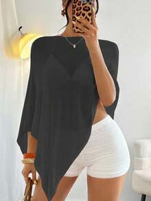 Breezaya 女士休闲纯色针织不对称设计宽松薄款毛衣，春夏秋冬蝙蝠袖不对称上衣