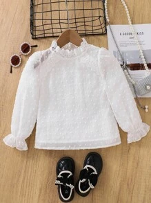 年轻女孩复古优雅蕾丝拼布，V 领，长喇叭袖，荷叶边下摆和精致珍珠纽扣，白色长袖衬衫纽扣衬衫长袖上衣长袖衬衫，秋冬，非常适合休闲和日常穿着和学校日常，学院风格，返校 - 白色 - 查看 1