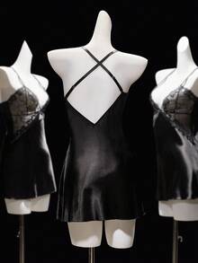 SHEIN 2pcs Lace Patchwork Backless Criss-Cross Faux Silk Sexy Nightgown + G-String Set For Women, Going Out - Black - View 2