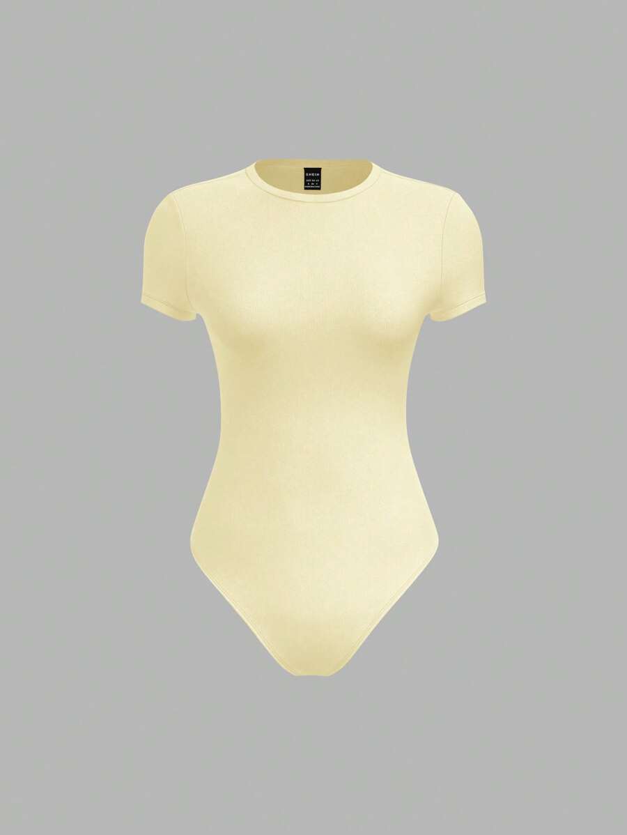 SHEIN BASICS 女式休闲纯色针织圆领短袖紧身衣 - 黃色 - 查看 1