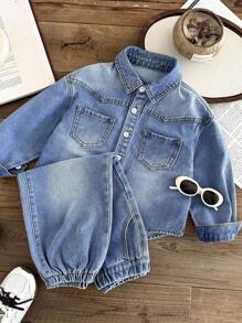 SHEIN 2pcs/Set Young Boy Fall/Winter Vintage Casual Basic Everyday Style Blue Denim Lapel Long Sleeve Shirt And Elastic Waist Loose Fit Cuffed Jogger Jeans Set,For Baby Fall/Winter Clothes,Boys Back-To-School Clothes,Baby Boys Baby Girls Streetwear Outfits,Toddler Boys Denim Two-Piece Set,Boys Christmas Outfits