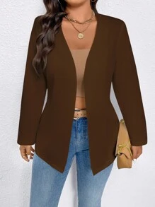 Auvina Áo khoác blazer trơn màu công sở & thường ngày cỡ lớn - màu nâu - Xem 4