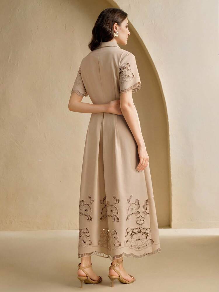 Robe-combinaison vintage décontractée à manches courtes, col cranté, avec broderie ajourée pour femmes
