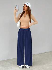 SHEIN Tall Soft Home Baggy Pants, Loose Pant Navy Blue Pants,Fall - Navy Blue - View 6