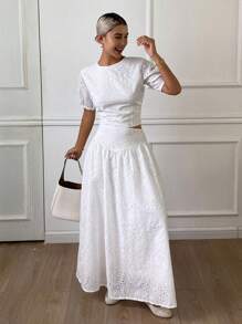 DAZY Women's Summer Round Neck Puff Sleeve Tie Waist Backless Loose Pants 2 Pieces Set - White - View 4