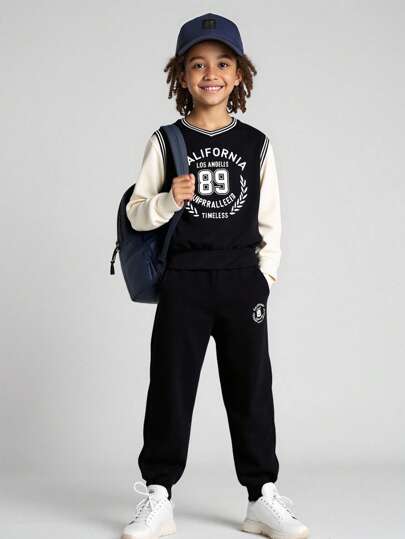 JNSQ Bộ trang phục 2 món cho bé trai tuổi mới lớn: Áo nỉ dài tay in họa tiết đồ họa dáng rộng kết hợp với quần nỉ dáng rộng, phù hợp mặc thường ngày, hoạt động ngoài trời, đi nghỉ, dạo phố, tiệc tùng và giải trí vào mùa thu đông