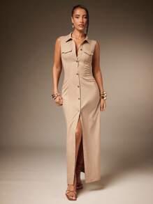 Hauture Vestido camisero sin mangas de mujer con botones delanteros, de tejido elástico y estilo utilitario de calle - Marrón - Ver 3