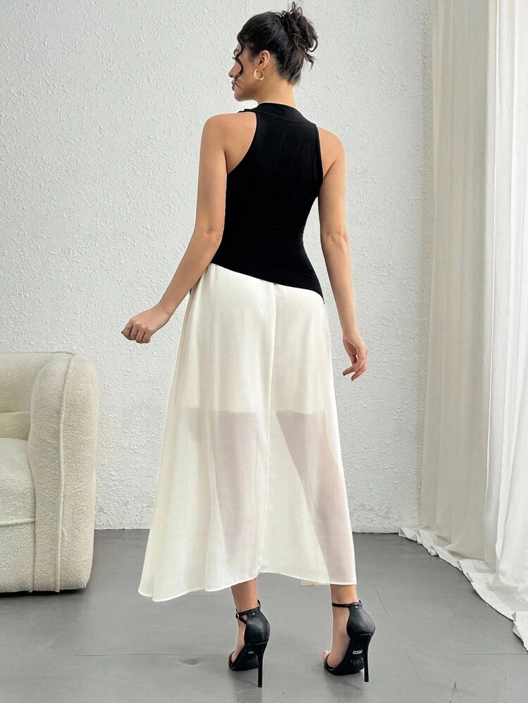 Women's Sleeveless V-Neck Color Block Midi Dress, Elegant Style