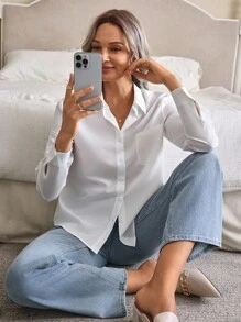 Louniche Patch Pocket Button Front Solid Shirt,Ladies Elegant Button,Pocket Long Sleeve Collar Regular Fit Regular White Regular Sleeve Shirt Women Blouses,Spring/Fall ,Professional/Business Attire/Workwear,Long Sleeve Tops