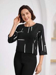 Miaspire 女士休闲撞色条纹衬衫，春夏款 - 黑與白 - 查看 4