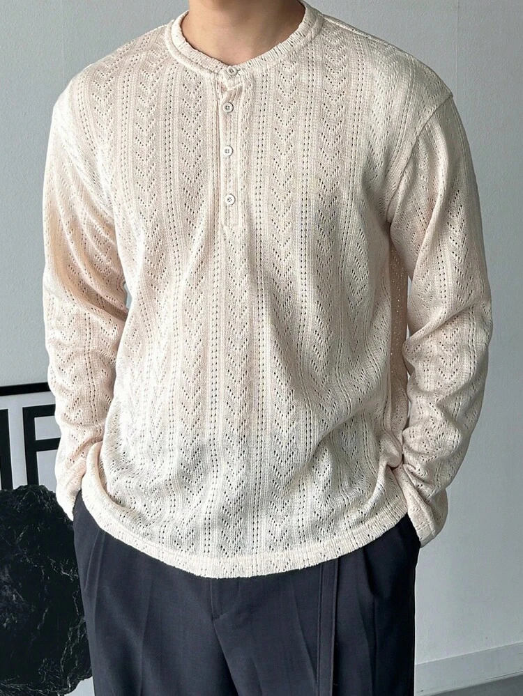 Men's Partial Placket Design Apricot Textured Fabric T-Shirt, Autumn