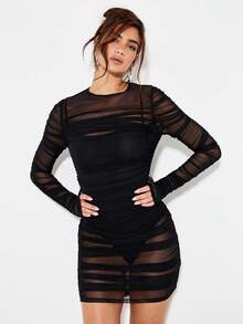 KIZN Vestido mini de manga larga con malla y pliegues, vestido ajustado con superposición transparente para fiesta, club y salida nocturna, con body incorporado de doble capa, vestido de invitada de boda