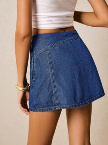 Poéselle 女式高腰侧拉链休闲牛仔短裙 - 深色水洗藍 - 查看 3