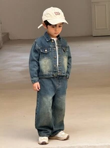SHEIN 2pcs/Set Young Boy Fall/Winter Vintage Urban Street Cool Style Vintage Distressed Casual Basic Everyday Style Blue Denim Lapel Long Sleeve Loose Fit Jacket And Baggy Jeans Set,For Kids Fall/Winter Clothes,Boys Back-To-School Clothes,Boys Streetwear Outfits,Boys Homecoming Outfits,Boys Halloween Outfits,Toddler Boys Denim Two-Piece Set - Dark Wash - View 6