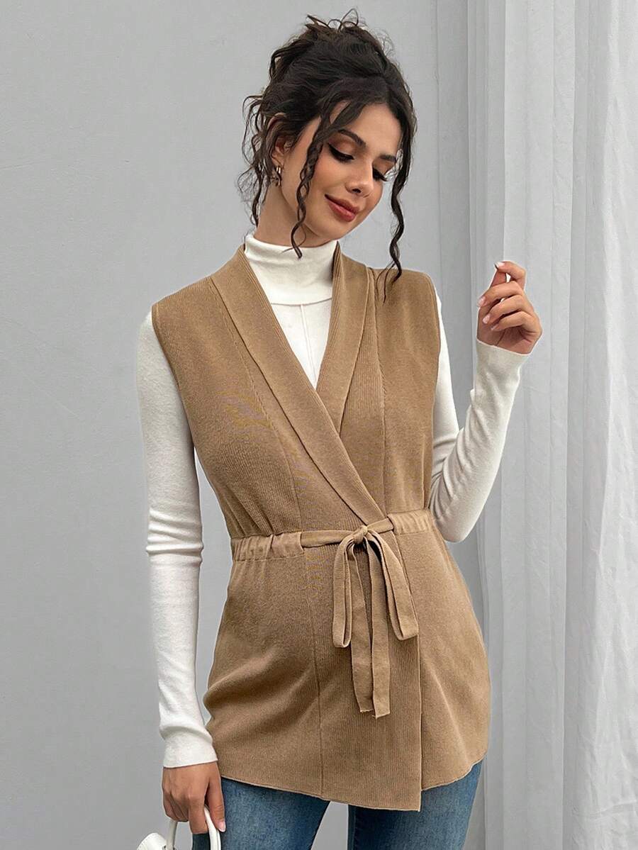 SHEIN Áo khoác len cardigan dệt kim không tay cổ rút dây buộc màu trơn cho bà bầu - màu nâu - Xem 1