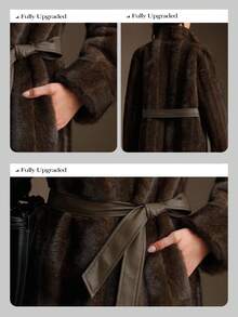 Anewsta 奢华复古人造毛皮长袖直腰系带修身冬季外套夹克 - 棕色 - 查看 3