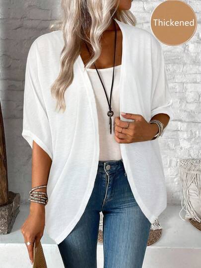 EMERY ROSE Casual White Lightweight Jacket - Knitted Fabric With Asymmetrical Hem And Batwing Sleeves Summer Cardigan Short Sleeve Cardigan White Shrug White Cardigan Fall Clothes Winter Clothes