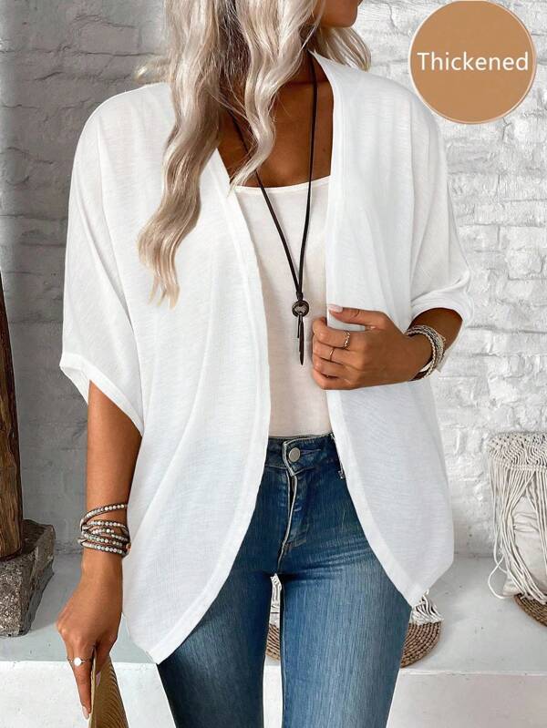 EMERY ROSE Casual White Lightweight Jacket - Knitted Fabric With Asymmetrical Hem And Batwing Sleeves Summer Cardigan Short Sleeve Cardigan White Shrug White Cardigan Fall Clothes Winter Clothes