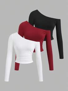 Sweetra 女士新款不对称领口腰部褶饰修身T恤套装，适合日常通勤，春秋季 - 彩色 - 查看 1