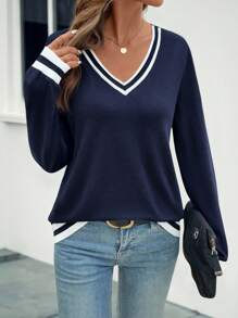 SHEIN LUNE Casual Contrast Trim Pullover Sweatshirt, Suitable For Spring & Autumn Graduation,Back To School,Graduation,Teacher For Women,Back To School Fall - Blue - View 6