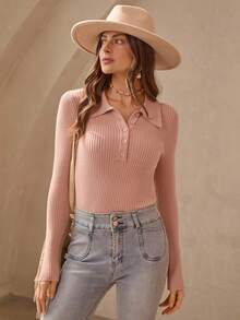Wildy American Country Style Dusty Pink Autumn Casual Everyday Tight Fitted Polo Collar Half-Zip Slim Fit Pullover Sweater Ribbed Knit Top Button Down - Pink - View 4