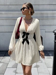 Chiquease Robe courte décontractée et élégante pour femmes, col V profond, texture nouée, manches longues. Vêtement d'automne pour femmes