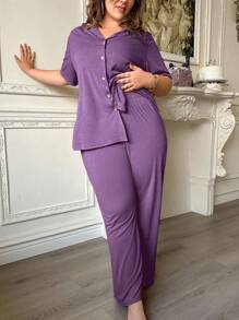 SHEIN Plus Size Simple Solid Color Soft & Skin-Friendly Button-Up Pajama Set, Outfits - Purple - View 4