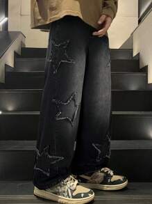 Teen Boy Fashion Casual Y2k Vintage Cool Street Returns To School College Boy Simple Basic Comfortable Street Fringed Star Patch Pattern Design Black Denim Loose Jeans For Kids Soft Dailywear And Kids Winter And Fall Rave Festival And At Home Streetwear School Jeans With Design - Black - View 1
