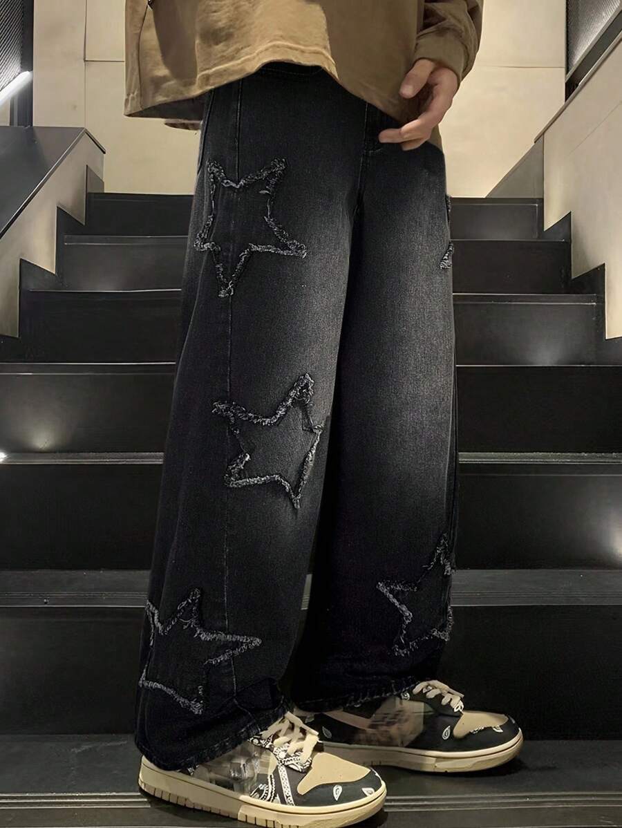 Teen Boy Fashion Casual Y2k Vintage Cool Street Returns To School College Boy Simple Basic Comfortable Street Fringed Star Patch Pattern Design Black Denim Loose Jeans For Kids Soft Dailywear And Kids Winter And Fall Rave Festival And At Home Streetwear School Jeans With Design - Black - View 1