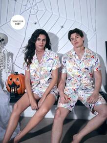 CoupledUp 卡通万圣节元素印花仿丝男士睡衣套装 - 白色 - 查看 3