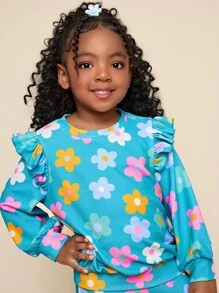 Set informal de sudadera y pantalones con volantes y estampado floral para niña - Multicolor - Ver 7