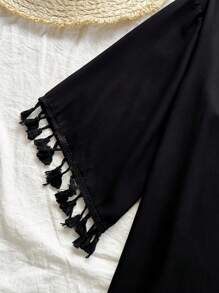 Soleia Open Front Drop Shoulder Tassel Hem Kimono Summer - Black - View 5