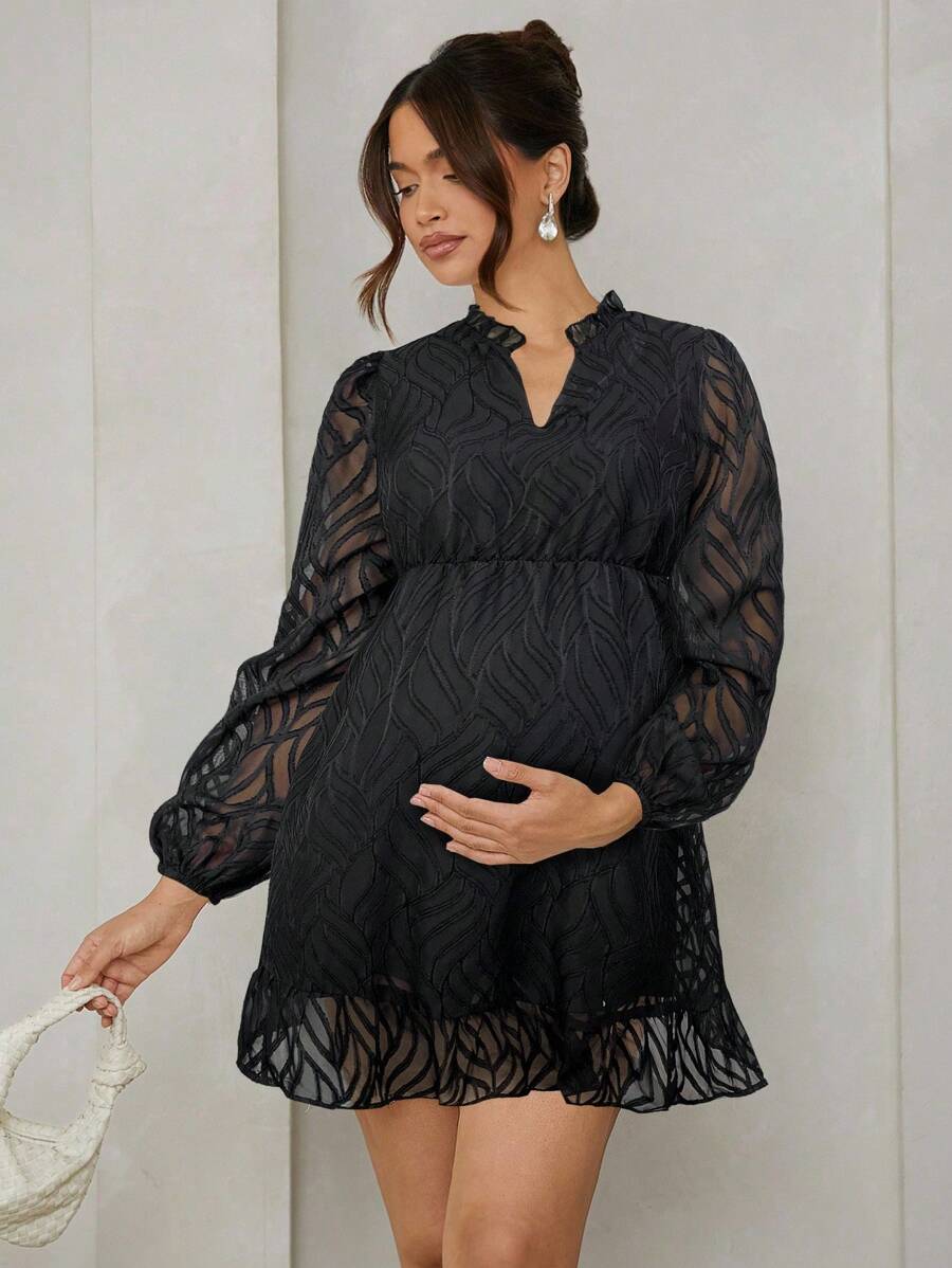 MaterniWear 孕妇宽松泡泡袖连衣裙,适合秋季、情人节 - 黑色 - 查看 1
