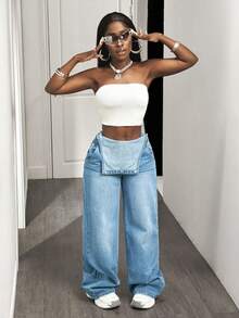 Slaydiva 女式宽松口袋设计休闲阔腿牛仔背带裤 - 淺色水洗藍 - 查看 5