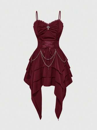 Goth Abito da donna con catena in metallo vintage, stile gotico, con cintura in vita staccabile, orlo asimmetrico e a strati