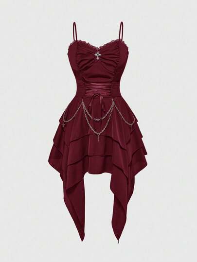 Goth Abito da donna con catena in metallo vintage, stile gotico, con cintura in vita staccabile, orlo asimmetrico e a strati