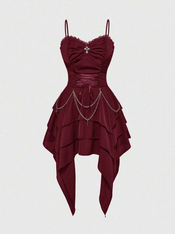 ROMWE Goth 复古哥特式金属链可拆卸腰带不对称分层下摆女式连衣裙