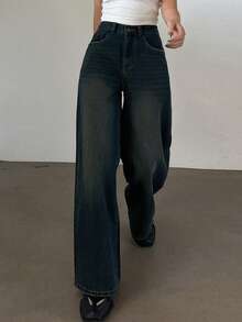 Dazy Tall 女式宽松街头休闲高腰牛仔裤 - 深色水洗藍 - 查看 1