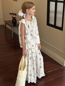 Hapijoa 2 件女童花卉荷叶边无袖上衣和裤子套装，夏季 - 白色 - 查看 8