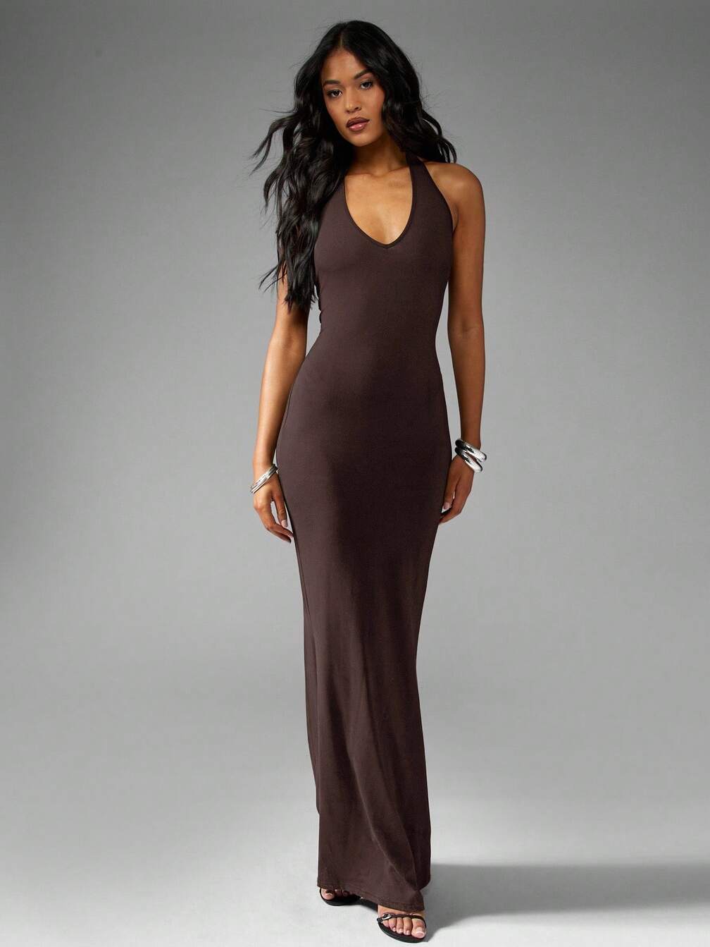 halter neck fishtail maxi dress Tiger Mist Zyla chiffon halter cowl neck fishtail maxi dress in baby pink