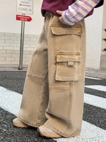 SHEIN Young Boys Fall/Winter Vintage Urban Street Cool Style Vintage Distressed Casual Basic Everyday Style Khaki Denim Multiple Pockets Split Design Loose Fit Cargo Pants,For Kids Fall/Winter Clothes,Boys Back-To-School Clothes,Boys Streetwear Outfits,Boys Homecoming Outfits