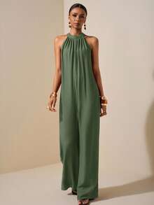 Zivah Mono de playa de primavera y verano, de cuello halter o redondo, sin mangas, ultra holgado y de pierna ancha, para ocio, vacaciones y uso diario - Verde militar - Ver 6